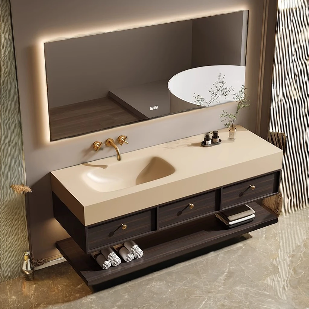 Customizable Hotel-Style Bathroom Vanity Cabinet Combination Stone Sink Wash Table With Lacquer-Treated Door Panel