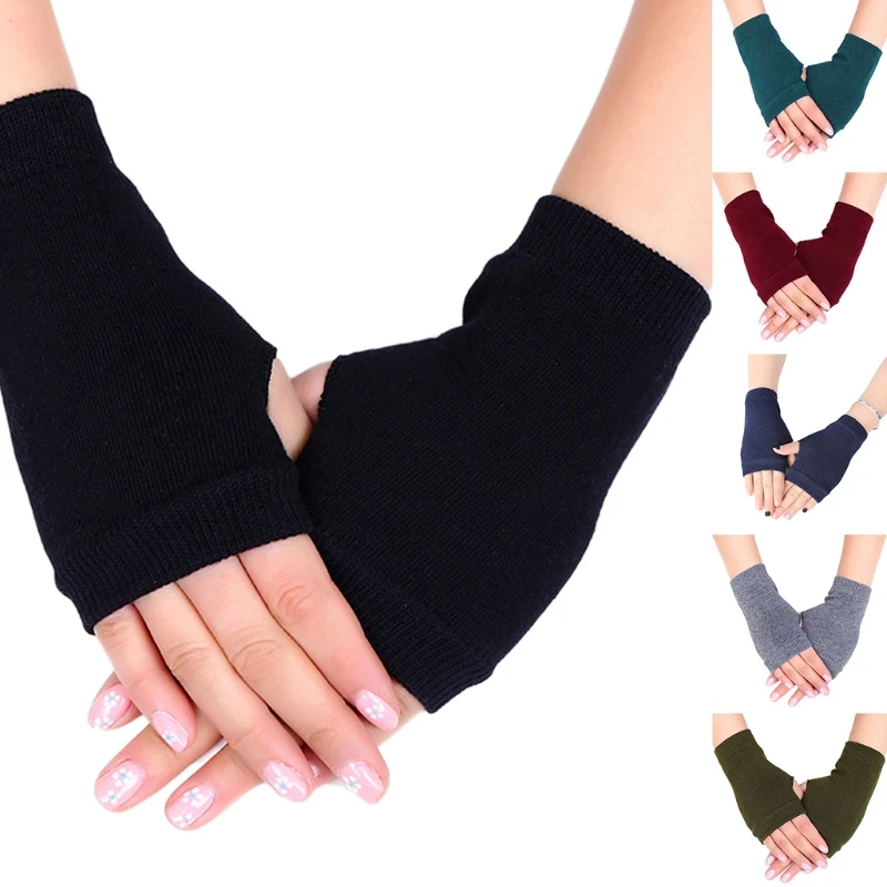 Unisex Half Finger Gloves Winter Stretchy Knit Solid Color Fingerless Gloves Cotton Short Hand Warmer with Thumb Hole