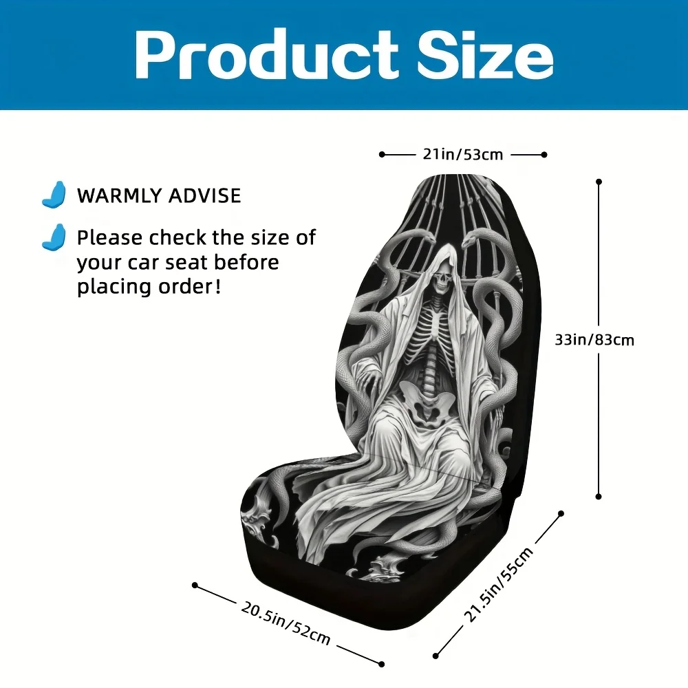 Set Of 2, Stylish Dark Art Grim Reaper Snake Design Car Seat Covers, Universal Fit, Washable Material, Adds A Beautiful And Tren