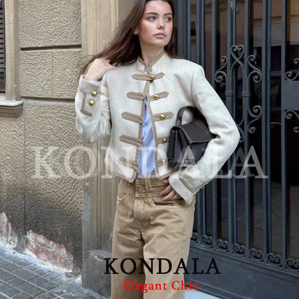 KONDALA Damen Trendige Knoten-Knopf-Jacken O-Ausschnitt Schulterpolster-Jacken 2026 Frühjahr Mode High Street Vintage Damenjacke