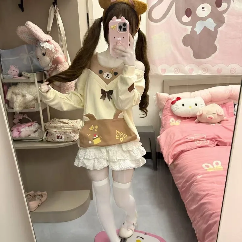Kawaii Japanese Style Long Sleeve Top Open Shoulder Sweatshirts Sweet Bow ff Shoulder T-Shirt Bear Print Cute Lolita Tops Fall