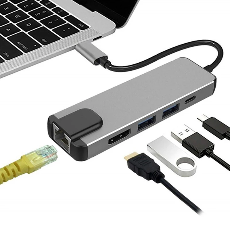 

5 в 1 USB-концентратор типа C для RJ45 4K HDMI-совместимое зарядное устройство с док-станцией VGA SD TF USB для MacBook iPad Samsung S21 Dex Huawei TV Mouse
