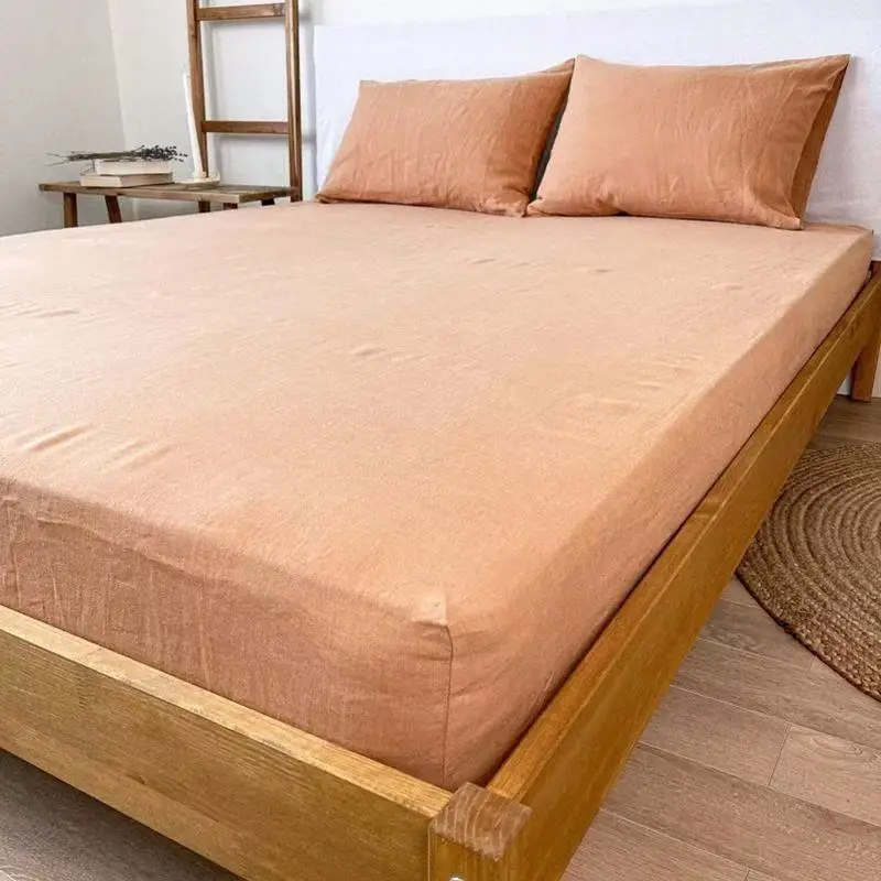 

100% Linen Fitted Bed Sheet Set with Elastic Band Solid Color Anti-slip Adjustable Mattress Cover for Single Double King Queen