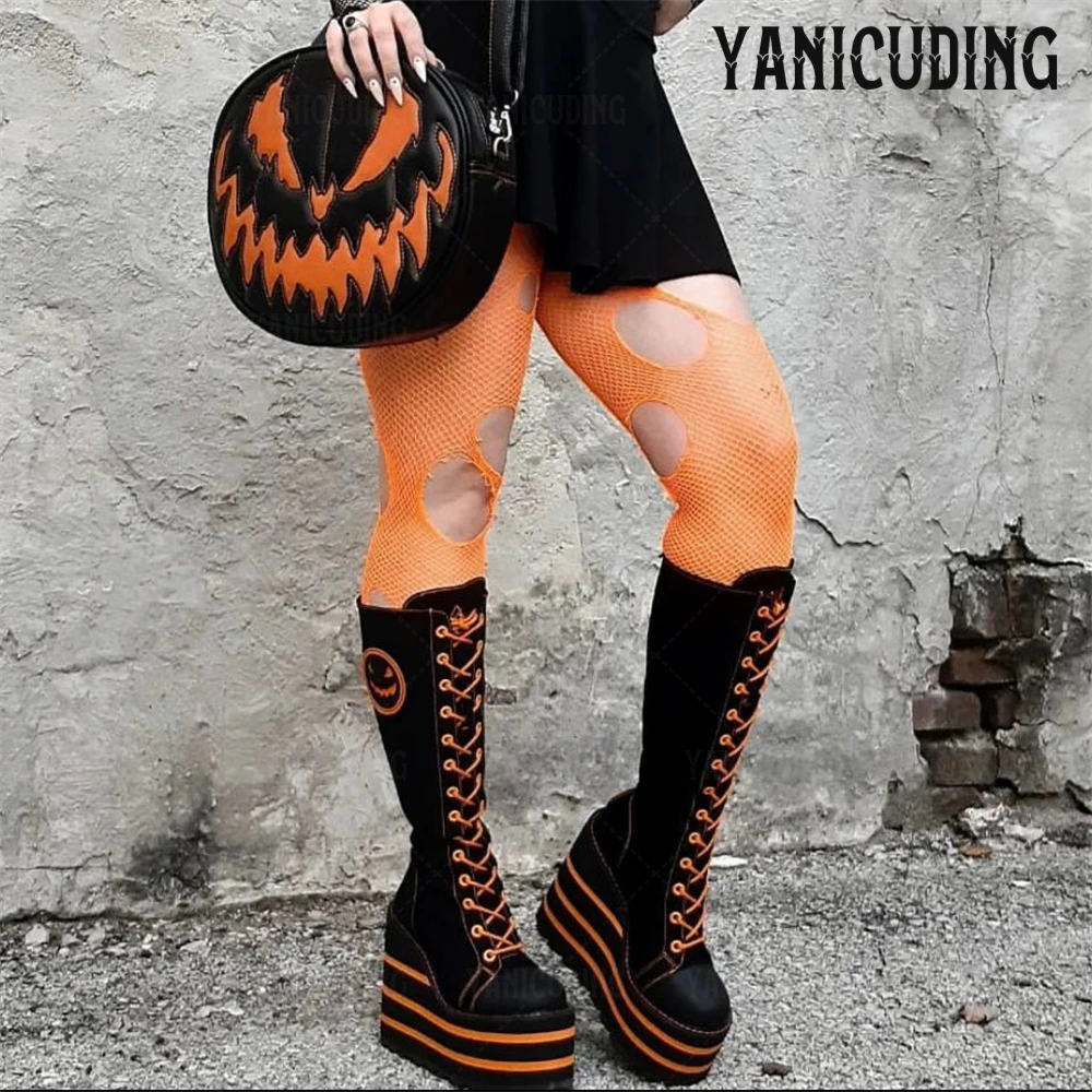 Black and Orange Striped Platform Wedge Boots Black Canvas Knee Boots Pumpkin Smiley Sticker Halloween Cosplay Boots for Women