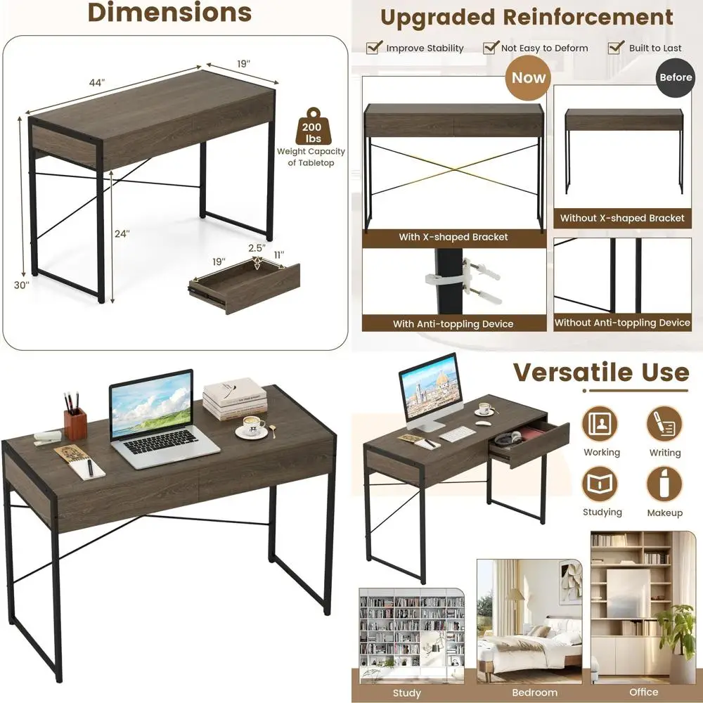 

44 Inch Dual Desk with Metal Frame, Anti-Tip Feature, Grey Compact Laptop Desk for Home Office