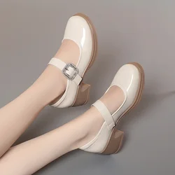 4cm Elegant Shallow Spring Fall Bright Leather Mary Janes 2025 Women's Med Block Heels Shoes Rhinestone  for Office Mom Daily