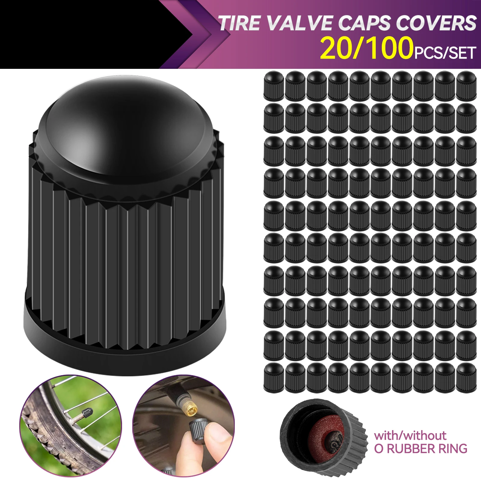 20/100pcs Tire Stem Valve Caps, with O Rubber Ring, Universal Stem Covers for Cars, SUVs, Bike and Bicycle, Trucks, Motorcycles