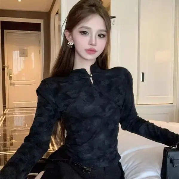 

Ele Bla Tie-Dye Slim Fit Stand Collar Base irt Women's Autumn Winter New Sle Gentle Wind Super Fairy Top