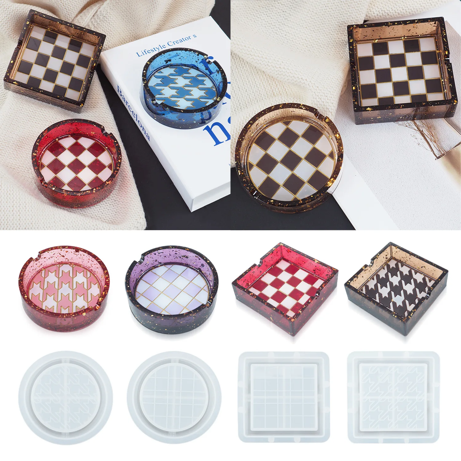 Silicone Ashtray Mold Epoxy Resin Checkerboard Round Square Ashtray Tray Coasters Mold DIY Cement Craft Molds