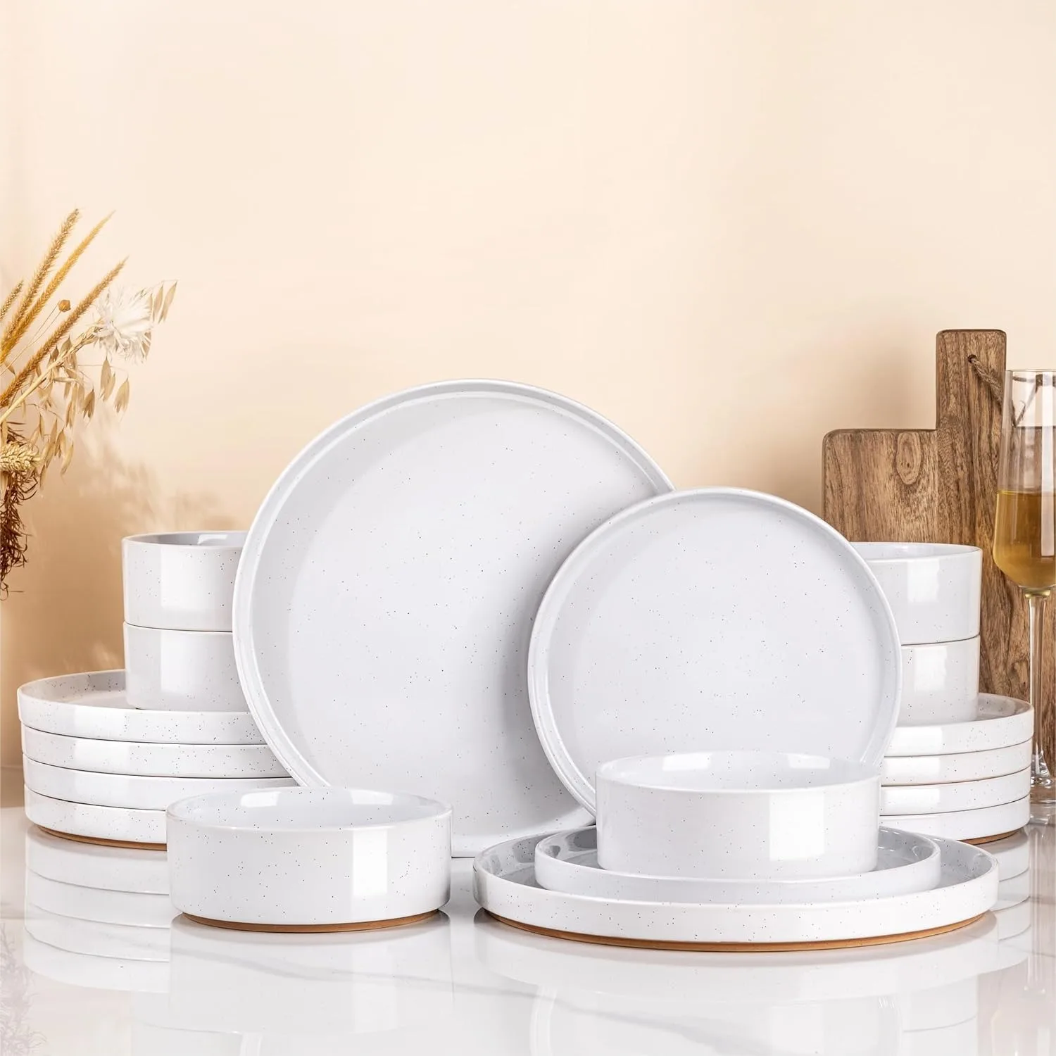 Ceramic Dinnerware Set for 4, Speckled Stoneware Plates and Bowls with Unglazed Terracotta, 12-Piece Milk White Dishes