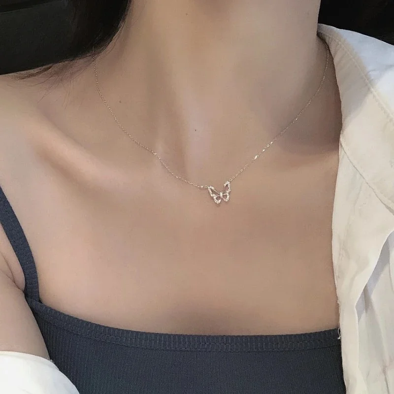 Hollow Butterfly Pendant Necklace CZ Wing Outline Charm Cable Chain Necklace Women Minimal Dainty Jewelry