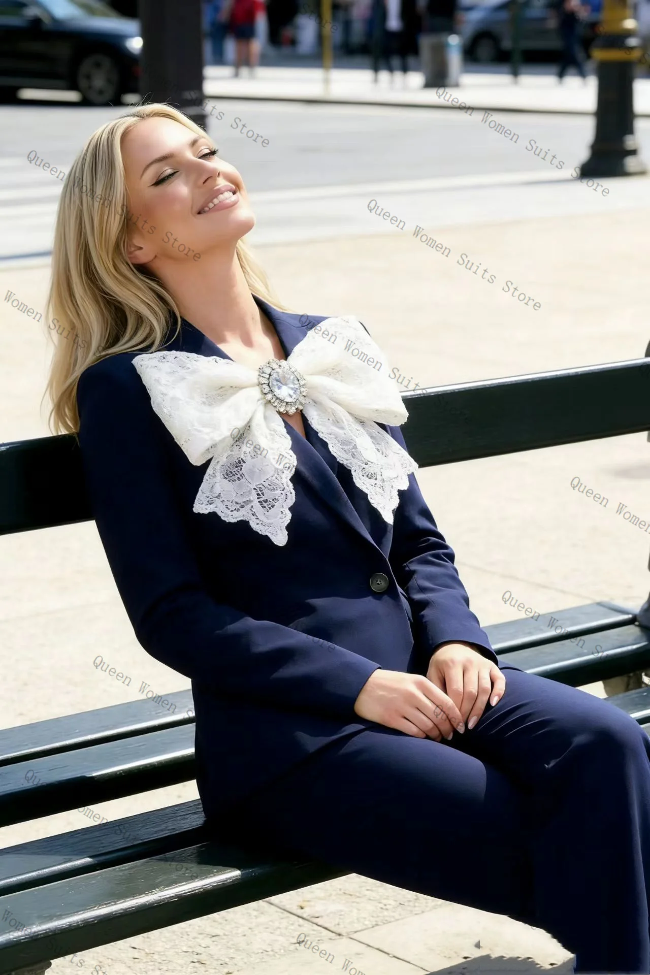 

Bow Blue Women Suit 2 Pcs Blazer+Pants Cotton Outfit Prom Formal Office Lady Jacket Wedding Coat Customized