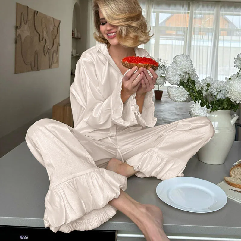 

Spliced design-sensory flared sleeve lapel top loose trousers two-piece set lazy style suit club clothing Vestidos