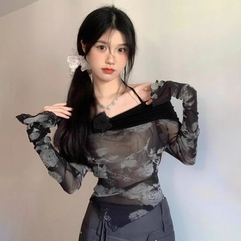 Women\'s Crop Top Korean Version Off Shoulder Tie-Dye Irregular Slim Sexy Fashion Mesh Sunscreen Long Sleeves Crop Top