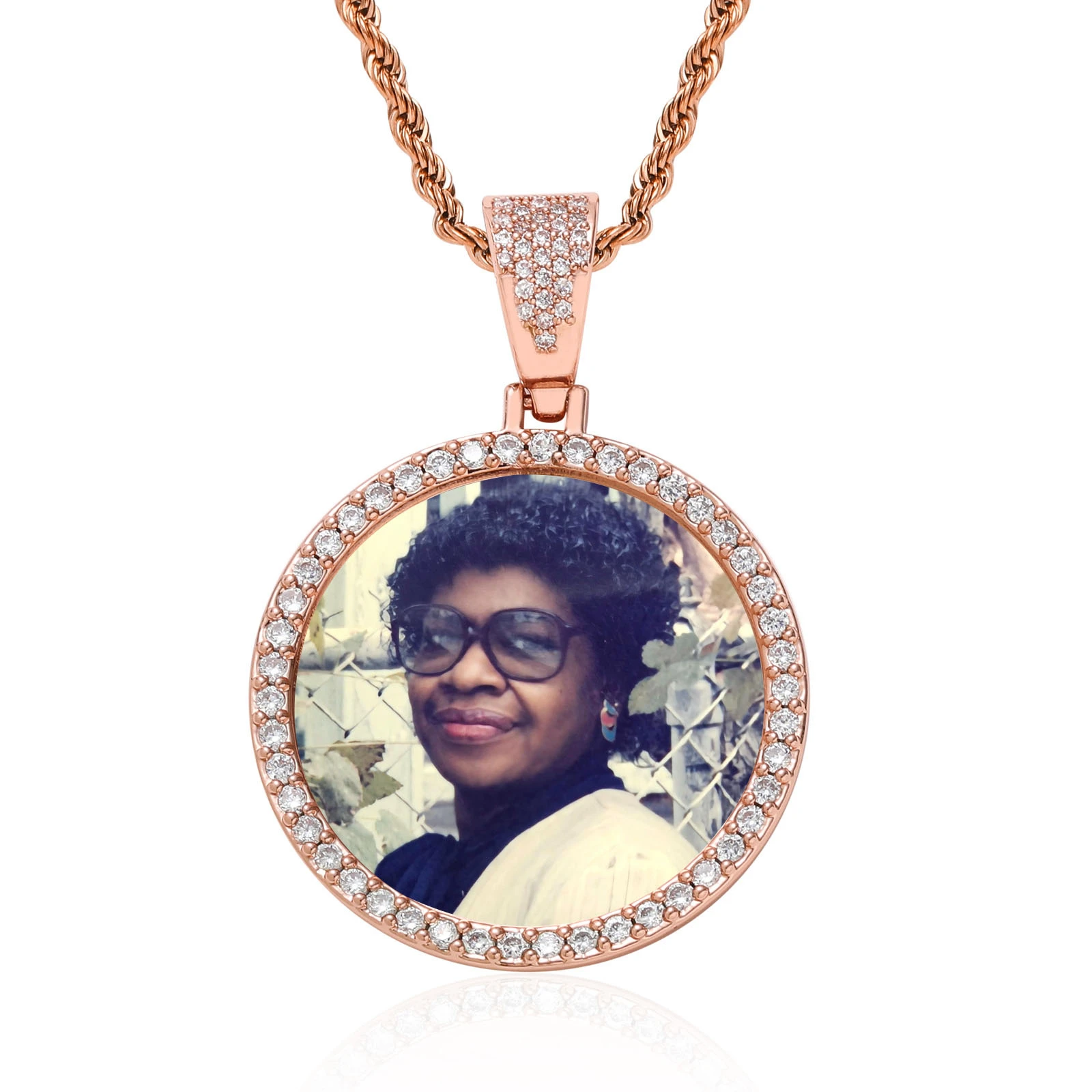 Personalized Custom Picture Pendant Necklace Zircon Inlay Gold Plated Stainless Steel Round Medallion Jewelry Anniversary Gi - view 6