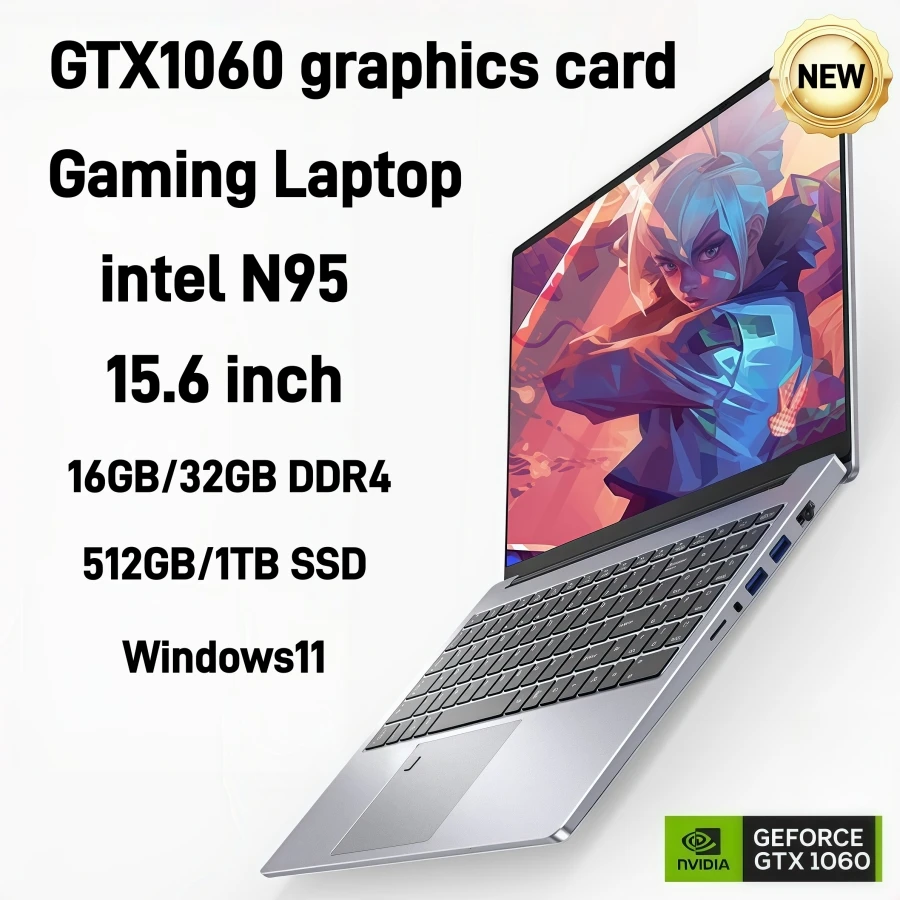 كمبيوتر محمول للألعاب Intel N95 GTX1060 مقاس 15.6 بوصة كمبيوتر محمول محمول 32 جيجابايت DDR4 1 تيرا بايت NVMe Windows 11 لوحة مفاتيح بإضاءة خلفية لألعاب الكمبيوتر المحمول