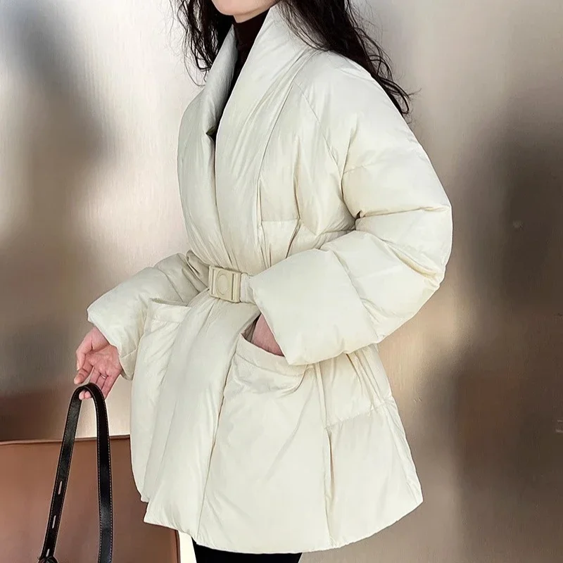 Chic and Elegant Women\'s Winter Jacket  with Elastic Belt V Neck Down Coats Big Pocket Black Warm Clothes Doudoune Femme Luxe