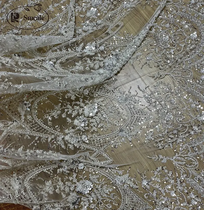 3D Lace Fabric off white Beaded Sequin Wedding Dress Advanced Custom-made Sewing Fabric