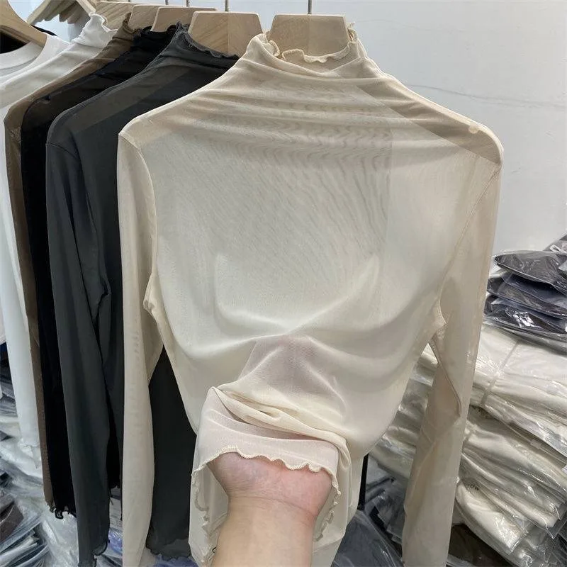 

Mesh T Shirt Women Pullovers 2025 Spring Summer Clothes For Women Solid Tees Top Long Sleeve Hollow Women's T-shirt