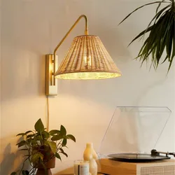 Japanese rustic wall lights Minimalist Rattan Weaving Art Decorative Living Room Bedroom Bedside Lamp Cafe dinning room light
