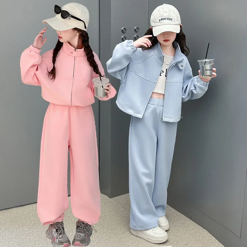 

Autumn Baby Girls Sets Simple Solid Long Sleeves Sport Children Girls Two-piece Sets Zipper Round Neck Coat+Elastic Waist Pant