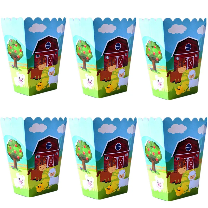 6/36 stücke Bauernhof Tier Thema Süßigkeiten Popcorn Box Cookies Schokolade Snacks Boxen Jungen Mädchen Geburtstag Party Bauernhof Popcorn Box liefert
