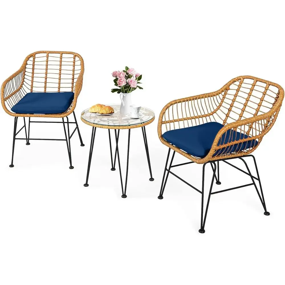 Compact Outdoor Bistro Set with Metal and Wicker, Durable Tempered Glass Top, Ideal for Patio, Balcony, or Poolside in Navy