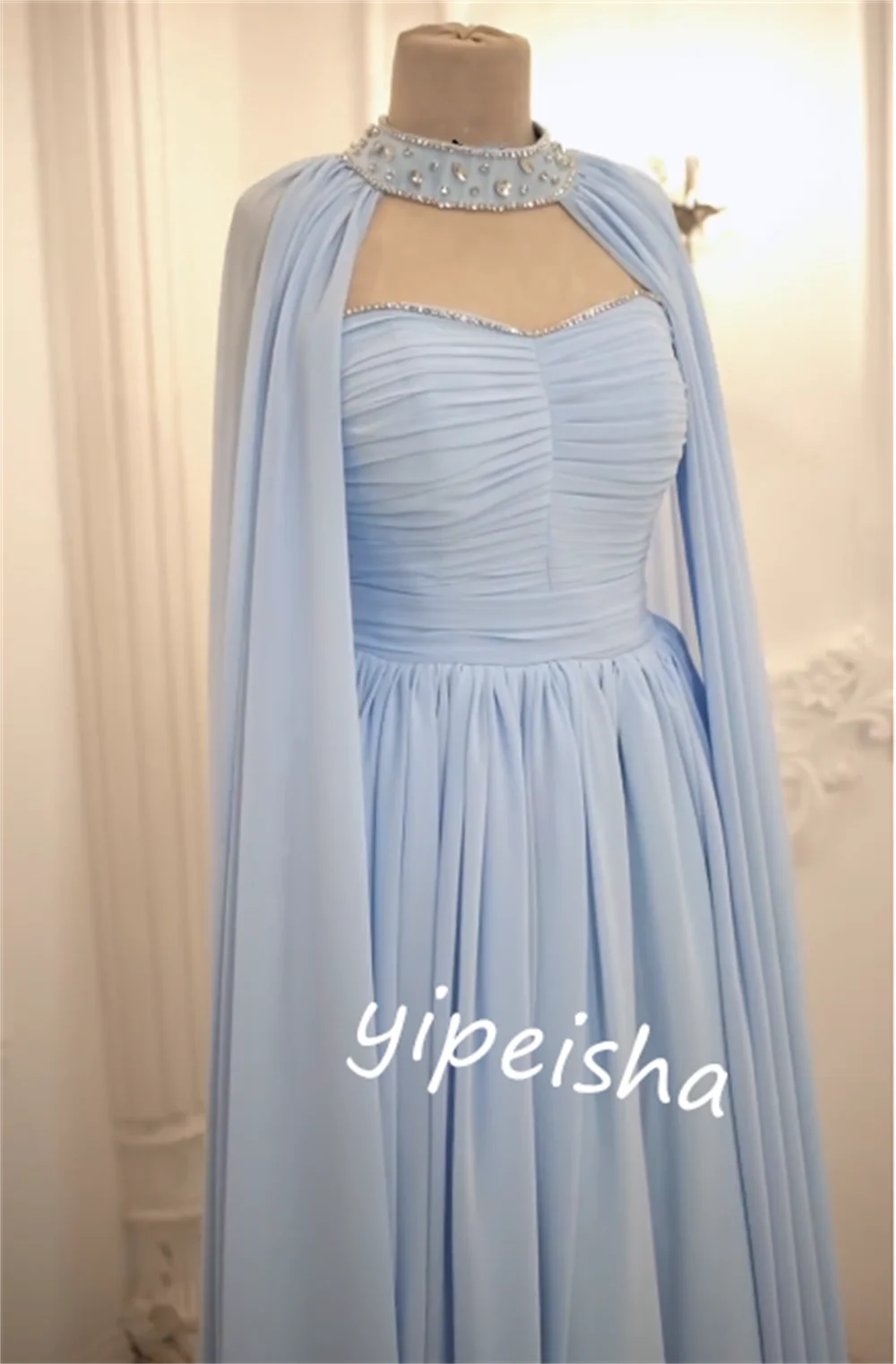 Robe trapèze en mousseline de soie plissée, robes longues, col haut, occasion sur mesure, Quinceanera