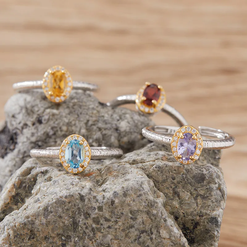 

Natural Colorful Gemstone Topaz Tanzanite Garnet Sapphire Rings925Sterling Silver Index Finger Ring Live Hot-Selling Jewelry