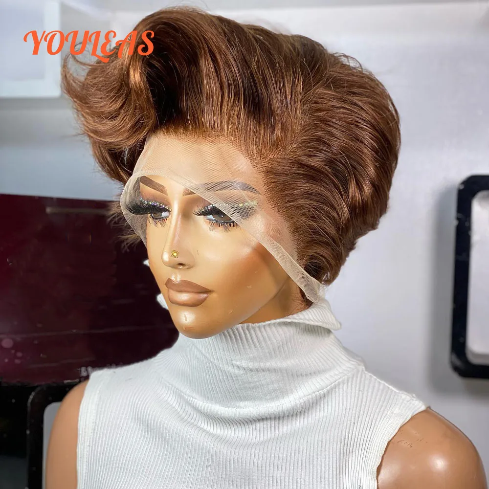 

Dark Blonde 13x4 Short Bob Wave Wig Chocolate Colored Transparent Lace Front Glueless Wig Human Hair Pre plucked Ready To Wear