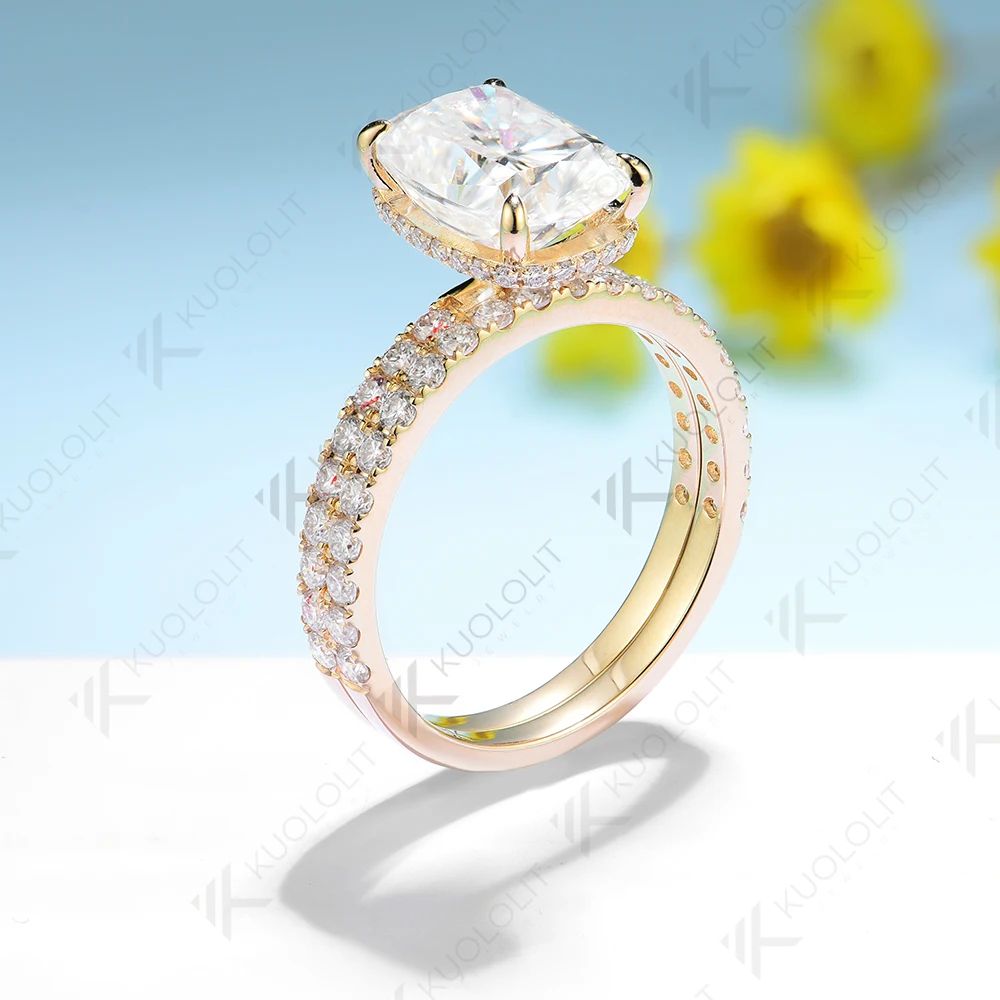 Unbranded Women Elongated Cushion Cut Moissanite Ring Set Solid Yellow Gold Band Available In 10K 14K(585) 18K Fine Bridal Jewelry Engagement Wedding Party Anniversary Birthday Gift For Bride Her view 4