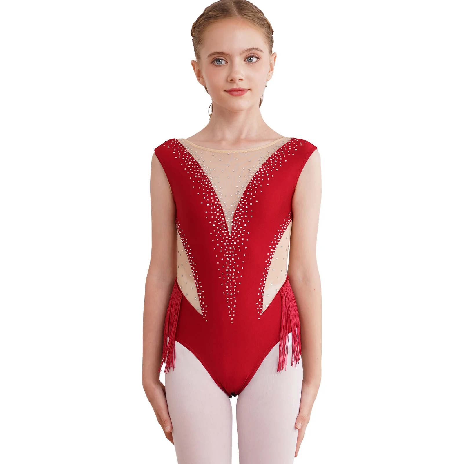 Çocuklar kızlar şekil pateni Bodysuit bale jimnastik Latin dans cha-cha performans giyim parlak Rhinestone püskül Leotard