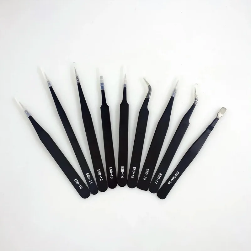 9pcs/set Anti-static ESD Stainless Steel Tweezers Maintenance Tools Industrial Precision Curved  Repair Tools Straight Tweezers
