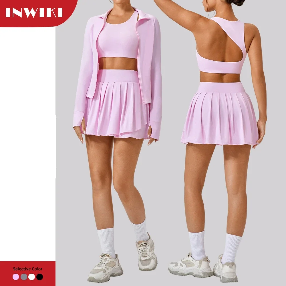 Summer Tennis Outfit Women Sun Protection Jacket Yoga Sport Bra Pleated Skirt with Shorts Underneath Badminton Skort Golf Wear