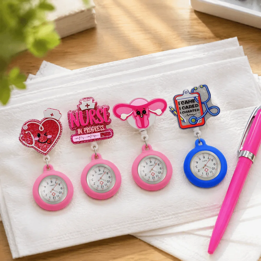 Clock Retractable Retractable Pocket Watch Clip-On Multi-functional Nurse Watch Cartoon Glitter Silicone Badge Reel Nurses