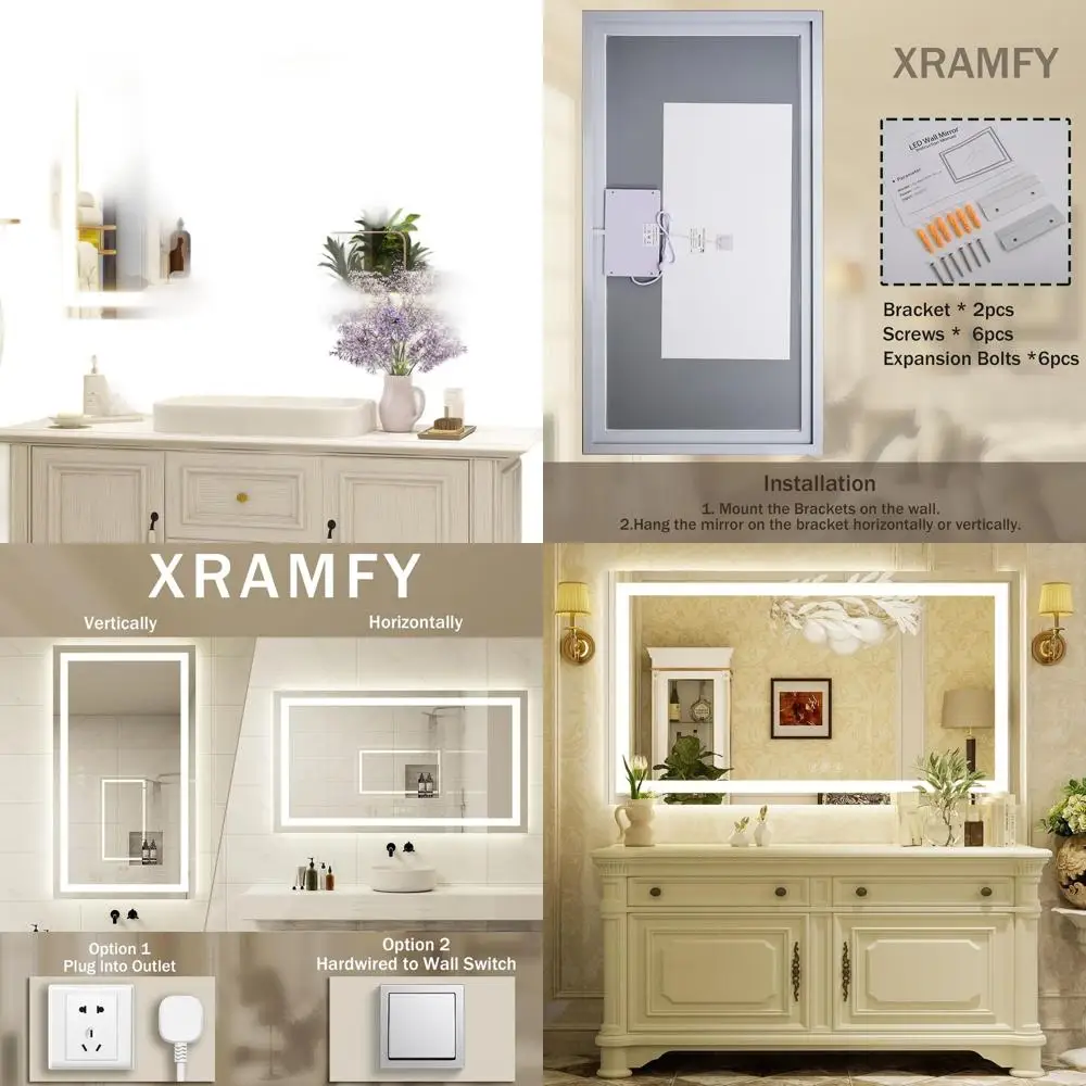 Miroir de salle de bain rétroéclairage LED à intensité variable et éclairage avant, 36 x 48, 3 options de couleurs, antibuée, verre trempé