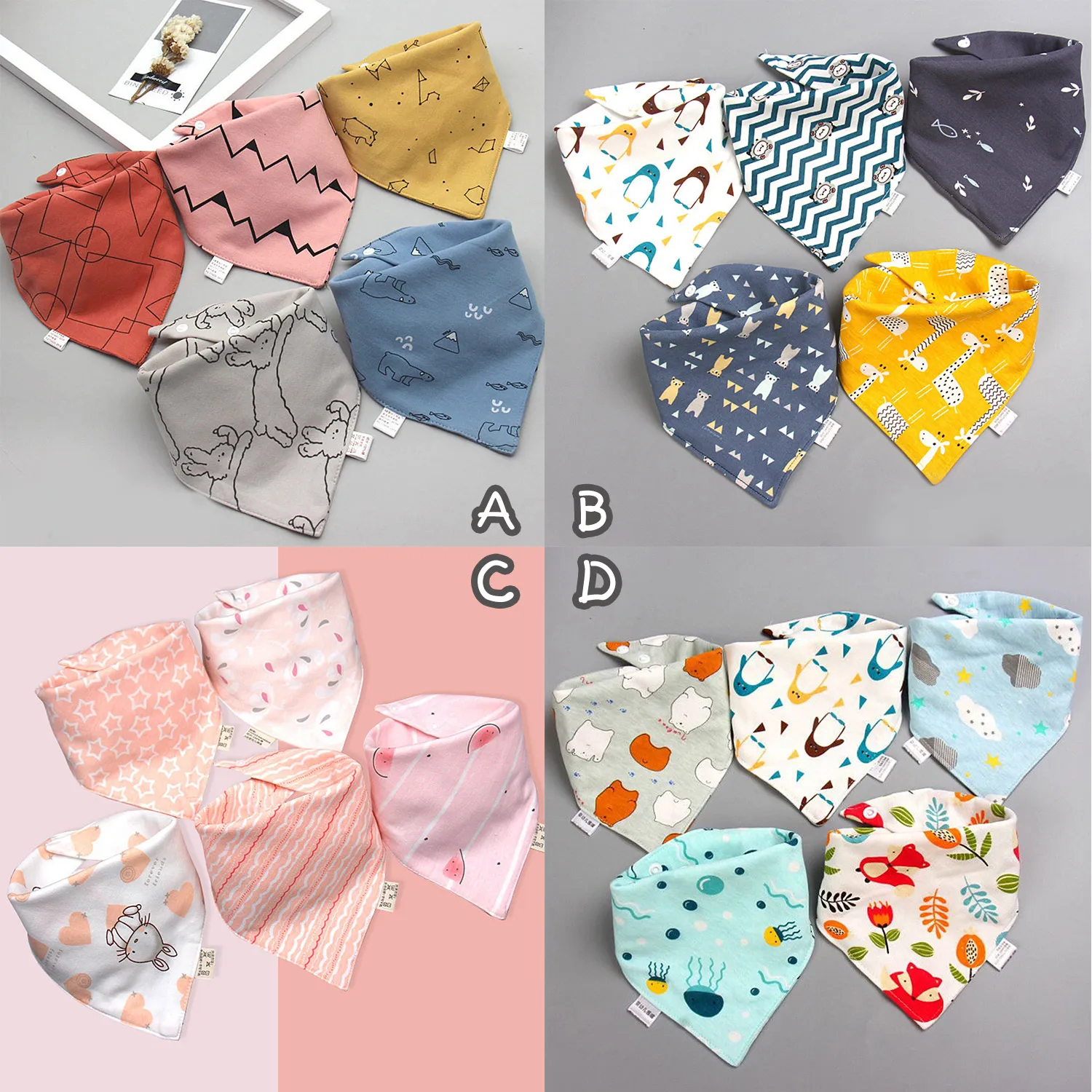 5PCS Cute Cartoon Waterproof Baby Bandana Bibs Drool Drooling Teething Bibs with Snaps for Baby Feeding Accessories