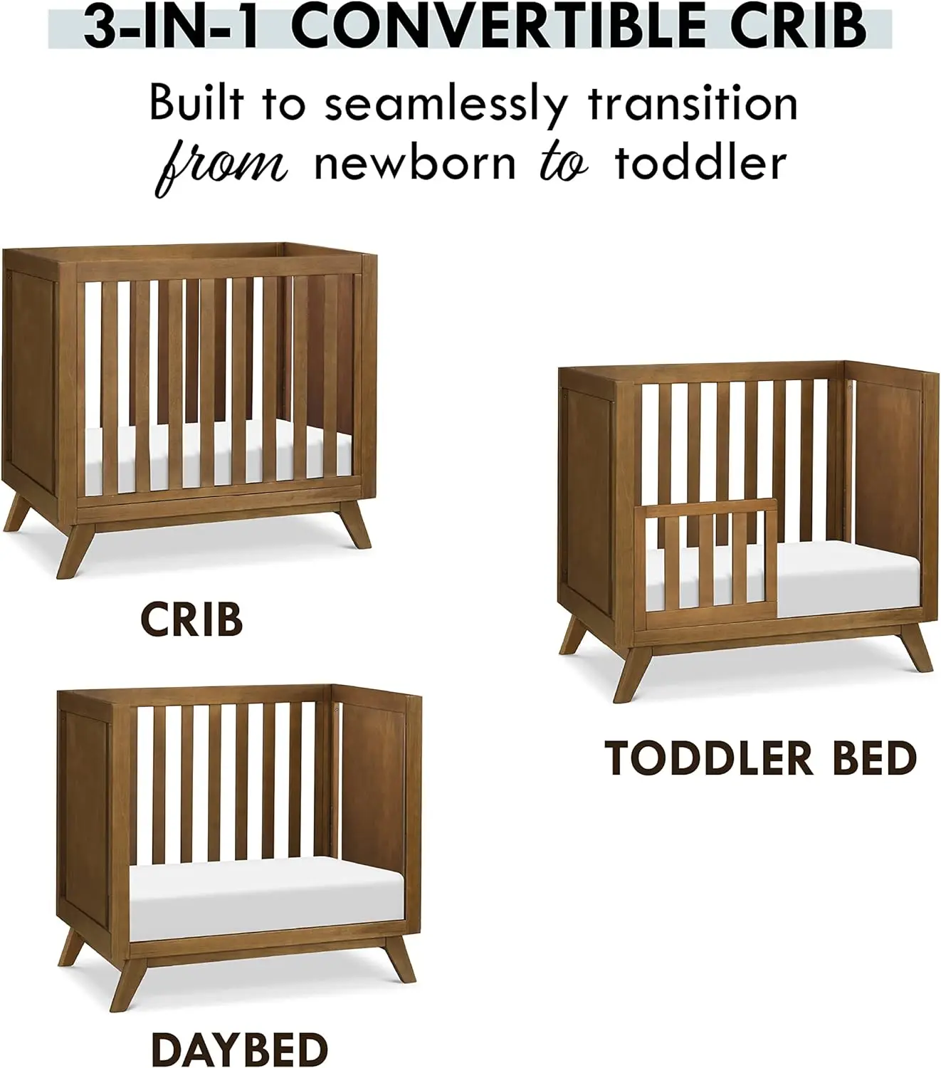 3-in-1 Convertible Mini Crib with 4" Mattress in Walnut, Greenguard Gold Certified