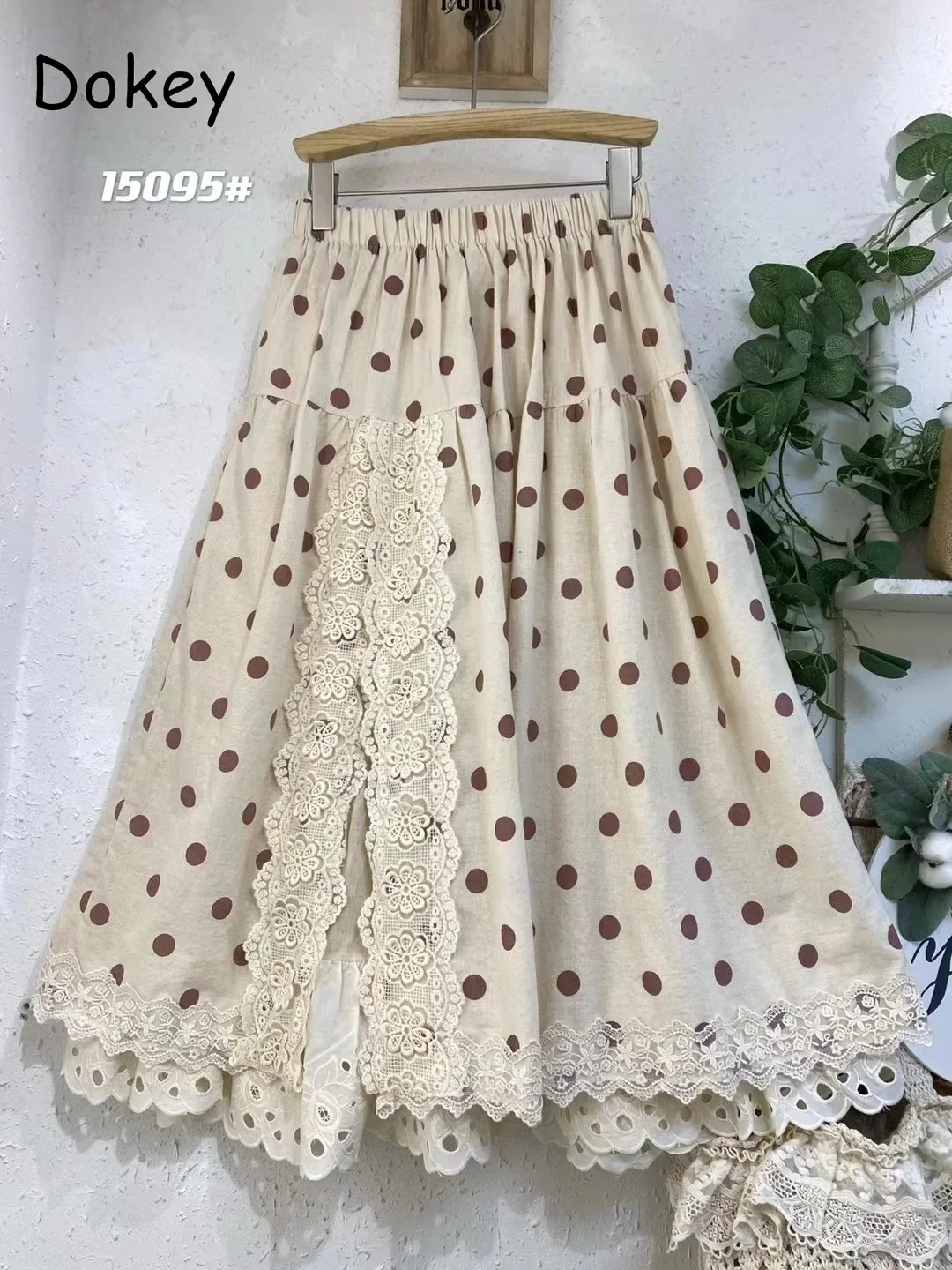 Vintage Lace Dot Cotton Linen Skirt Women Spring Japanese Mori Girl Double Layer Elastic Waist Loose Pleated A-line Midi Skirt