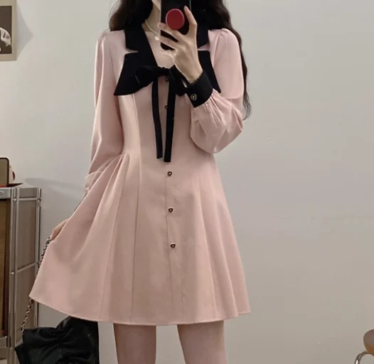 ربيع الخريف كبير الحجم دمية طوق الفرنسية الوردي القوس فساتين اليابانية عالية الخصر ألف خط طويلة الأكمام الحد من العمر الفتيات اللباس #4