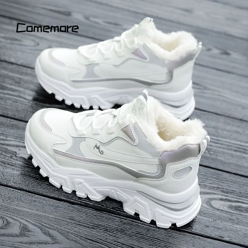 Comemore Ladies Lace Up Casual Sneakers Running Shoes for Woman Warm Snow Boots Thick Bottom Winter Women Platform Cotton Shoe