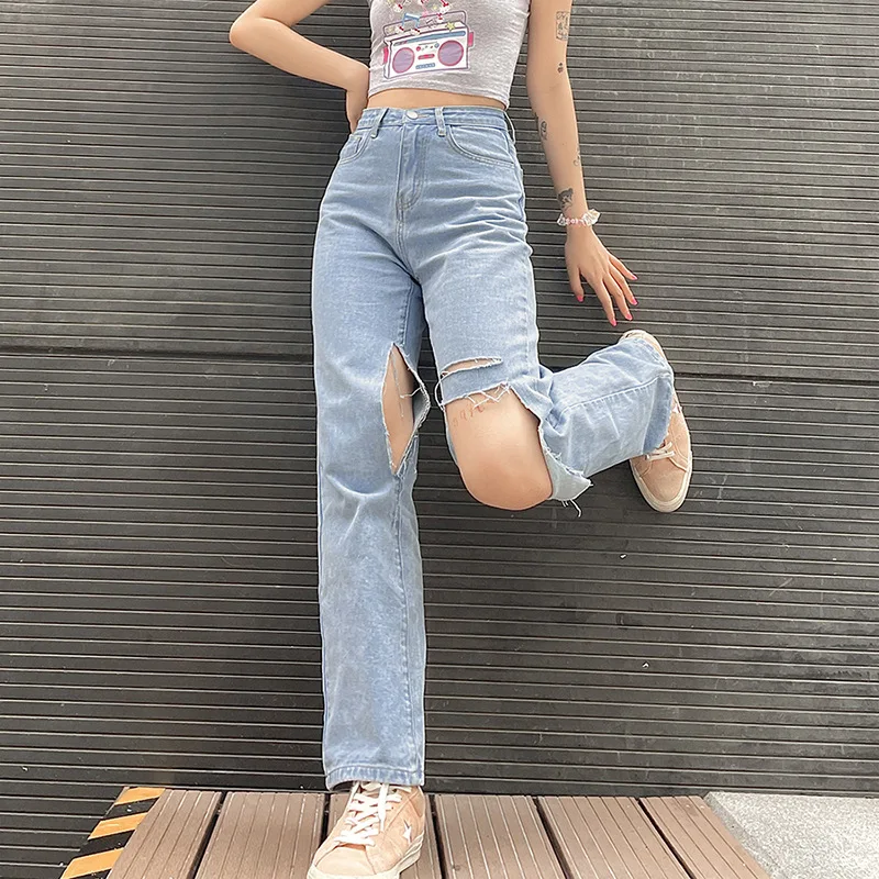  New Fashion Mom Jeans for Women High Waisted Vintage Loose Wide Legs Pants Y2k Denim Trousers Streetwear Ripped 90s Jeans