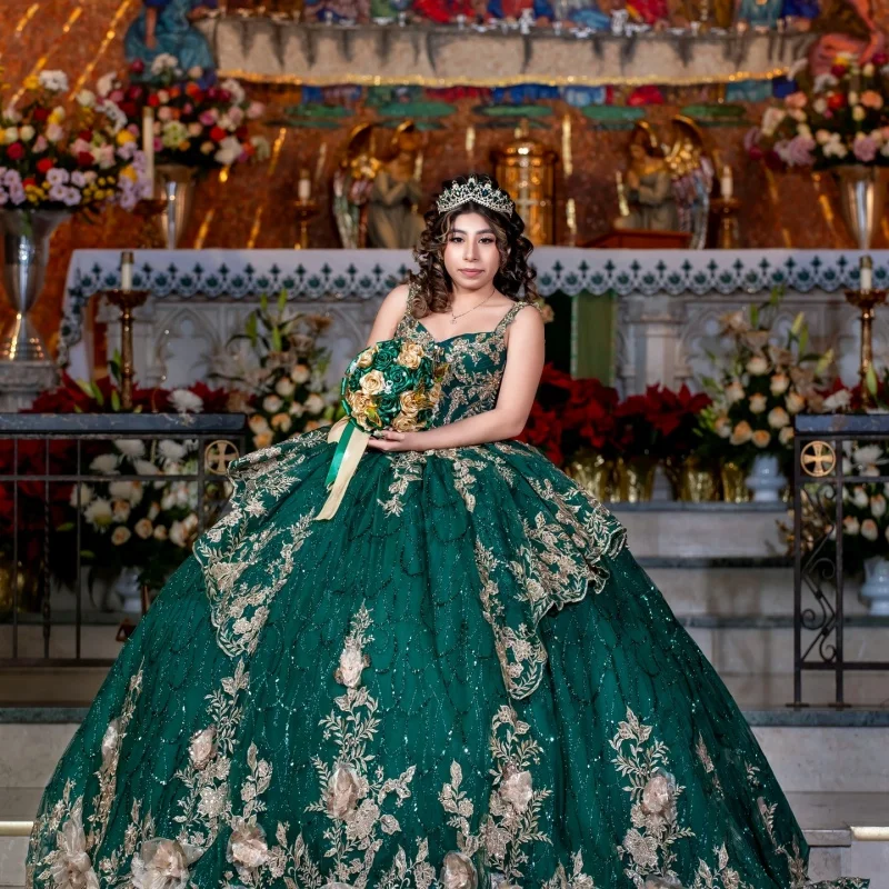 

Shiny dark green Quinceanera Dress off-shoulder Glitter 3D flower Decal Lace Long tail Vestidos De 15 Quinceanera ﻿Customize