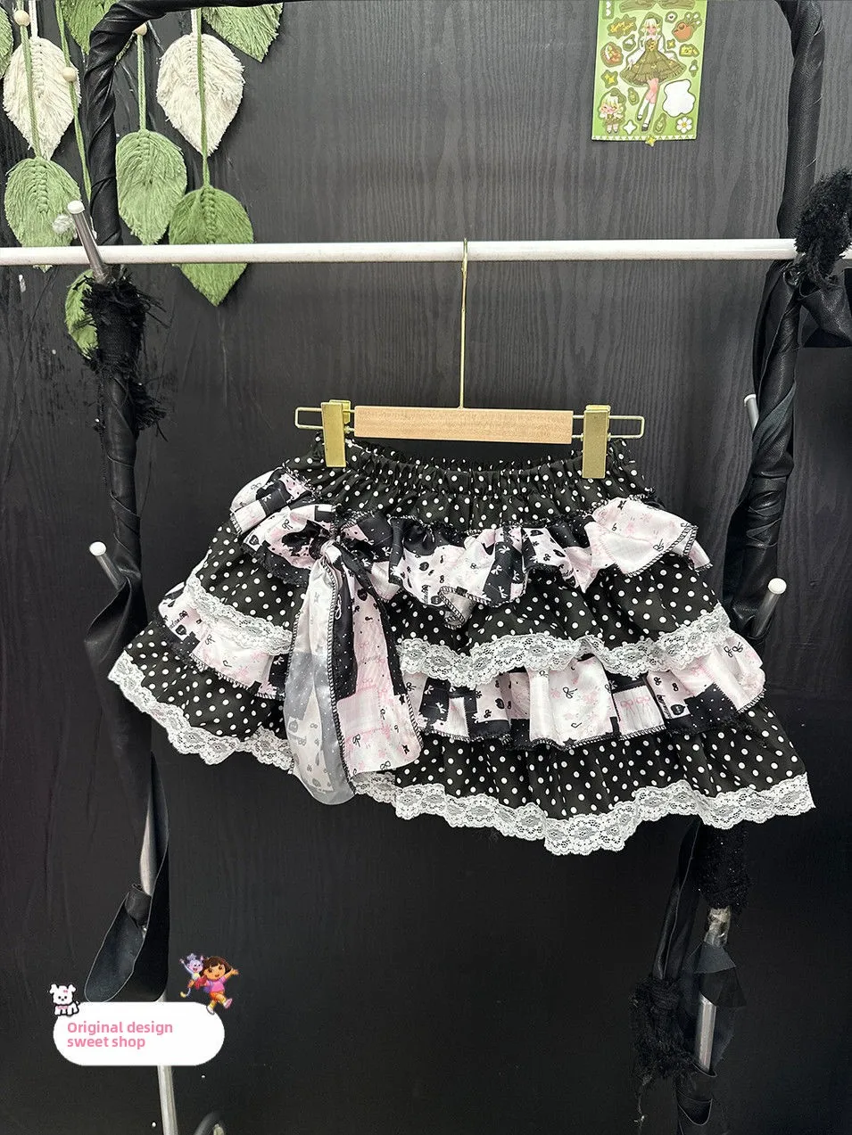 

Оригинальная пышная юбка ручной работы с розово-черными вкраплениями в горошек, кружевом и бантом, милая юбка-тортик со средней талией для девочек