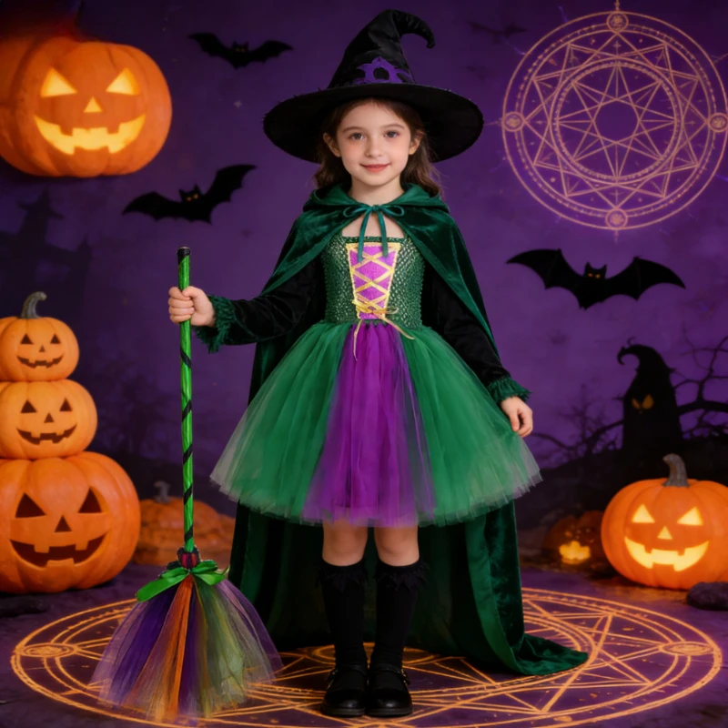 Long Tulle Witch Dress for Girls for Halloween, Kids' Carnival Party & Stage Performance Clothes, Children's Stage Outfit