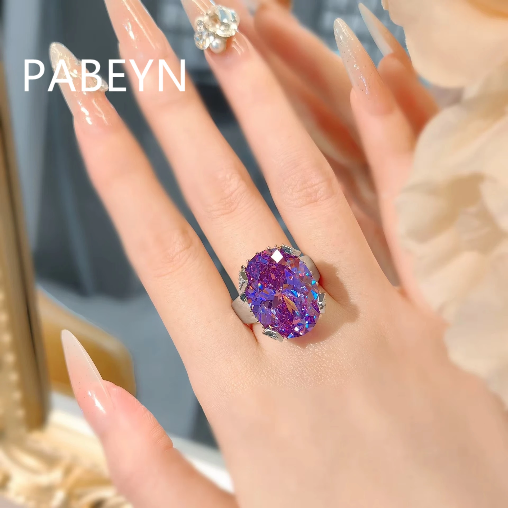 925 Sterling Silver Fashion Luxury Full Diamond Lotus Purple Ice Flower Cut Zircon Ring Ladies Banquet Jewelry