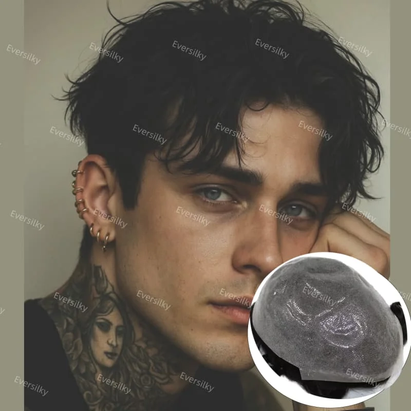 

New 0.03mm thin skin pu base Toupee for Men Capillary Prosthesis Natural Hairline Male Wigs 90% density invisible Bleached Knots