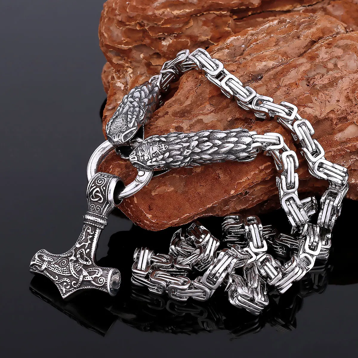 

Fashion Stainless Steel Viking Animal Thor's Hammer Street Tail Snake Necklace Nordic Men's Never Fade Amulet Jewelry Punk Gift