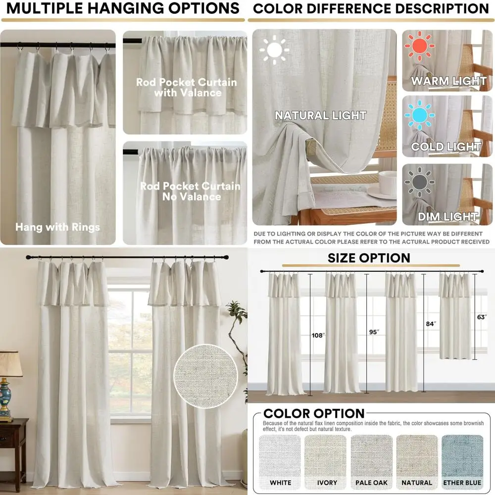 108 Semi-Sheer Linen Curtains with Valance, 2-Panel Set, 52x108, Light Filtering, Farmhouse Style, Pale Oak