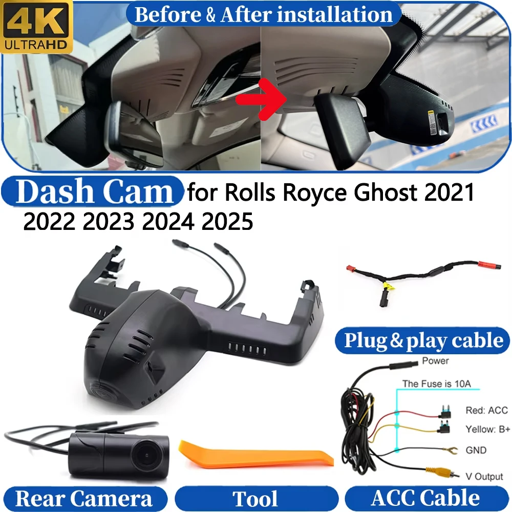 

Dash Cam for Rolls Royce Ghost 2021 2022 2023 2024 2025 Front＆Rear 4K UHD DVR Dashboard Camera Video Drive Recorder plug＆play